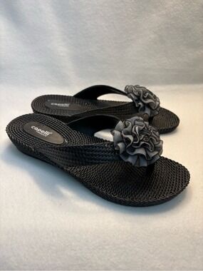 Capelli of New York Black Wedge Flip Sandals with Gray Floral Accent